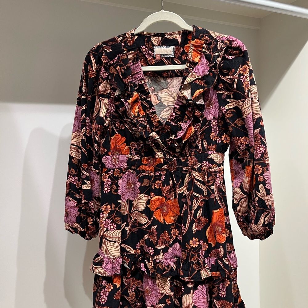 Anthropologie Pilcro, corduroy Floral Ruffle Dress - Black, Pink, Orange